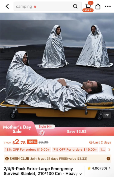 33 < camping Q -$74.41 1/11 Mother's Day Sale Style Hit Save $3.52 Last 2 days From $2.78 -56% $6.30 18% OFF For orders $19.00+ 7% OFF For orders $49.00+ 1... > > SHEIN CLUB Join & get 31 days FREE(value $3.33) 2/4/6-Pack Extra-Large Emergency Survival Blanket, 210*130 Cm - Heavy 4.90 (30) >