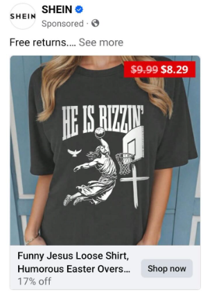 SHEIN SHEIN Sponsored. Free returns.... See more $9.99 $8.29 HE IS RIZZIN Funny Jesus Loose Shirt, Humorous Easter Overs... 17% off Shop now