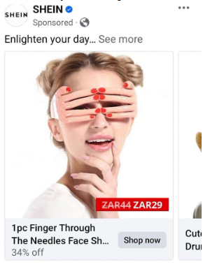 SHEIN SHEIN Sponsored Enlighten your day... See more ZAR44 ZAR29 1pc Finger Through Cut The Needles Face Sh... Shop now Drui 34% off