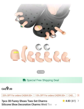 afccèce 1/13 Special Free Shipping Deal CA$9.00 20% OFF For orders CA$69.00+ 15% OFF For orders CA$99.00+ CAS.. 7pcs 3D Funny Shoes Toes Set Charms * 4.83 (61) > Silicone Shoe Decoration Charms Vivid Toe