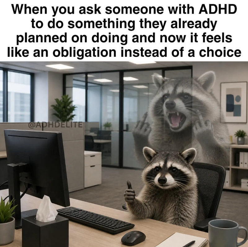 When you ask someone with ADHD to do something they already planned on doing and now it feels like an obligation instead of a choice @APHDELITE