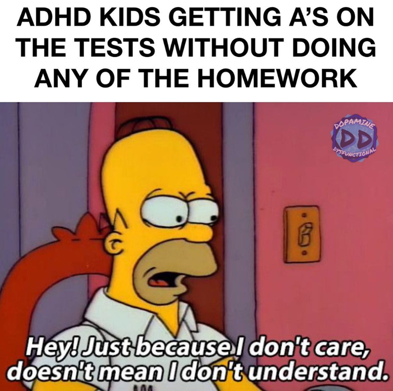 ADHD KIDS GETTING A'S ON THE TESTS WITHOUT DOING ANY OF THE HOMEWORK DOPAMINE XDD DYSFUNCTIONAL Hey! Just because I don't care, doesn't mean I don't understand.