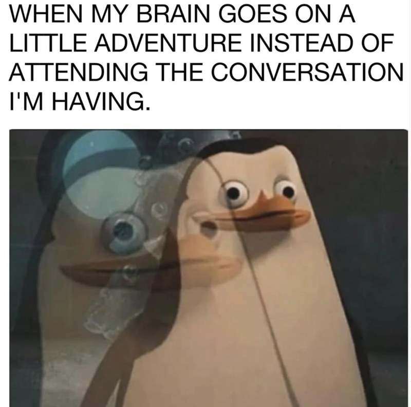 WHEN MY BRAIN GOES ON A LITTLE ADVENTURE INSTEAD OF ATTENDING THE CONVERSATION I'M HAVING.