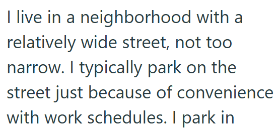 I live in a neighborhood with a relatively wide street, not too narrow. I typically park on the street just because of convenience with work schedules. I park in