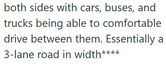 both sides with cars, buses, and trucks being able to comfortable drive between them. Essentially a 3-lane road in width****