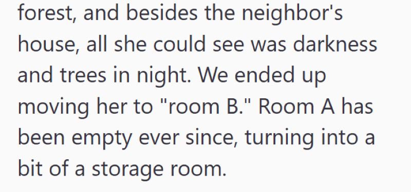 forest, and besides the neighbor's house, all she could see was darkness and trees in night. We ended up moving her to "room B." Room A has been empty ever since, turning into a bit of a storage room.