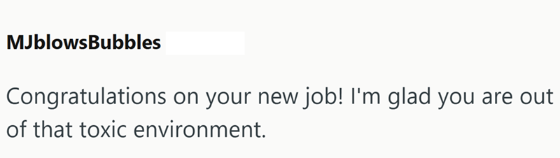 MJblowsBubbles Congratulations on your new job! I'm glad you are out of that toxic environment.