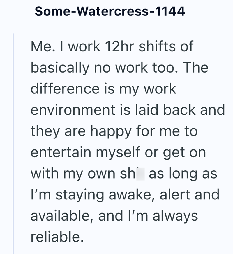 Some-Watercress-1144 Me. I work 12hr shifts of basically no work too. The difference is my work environment is laid back and they are happy for me to entertain myself or get on with my own sh as long as I'm staying awake, alert and available, and I'm always reliable.
