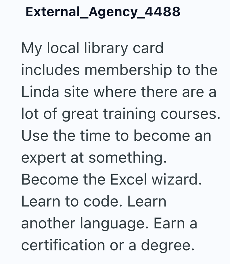 External_Agency_4488 My local library card includes membership to the Linda site where there are a lot of great training courses. Use the time to become an expert at something. Become the Excel wizard. Learn to code. Learn another language. Earn a certification or a degree.