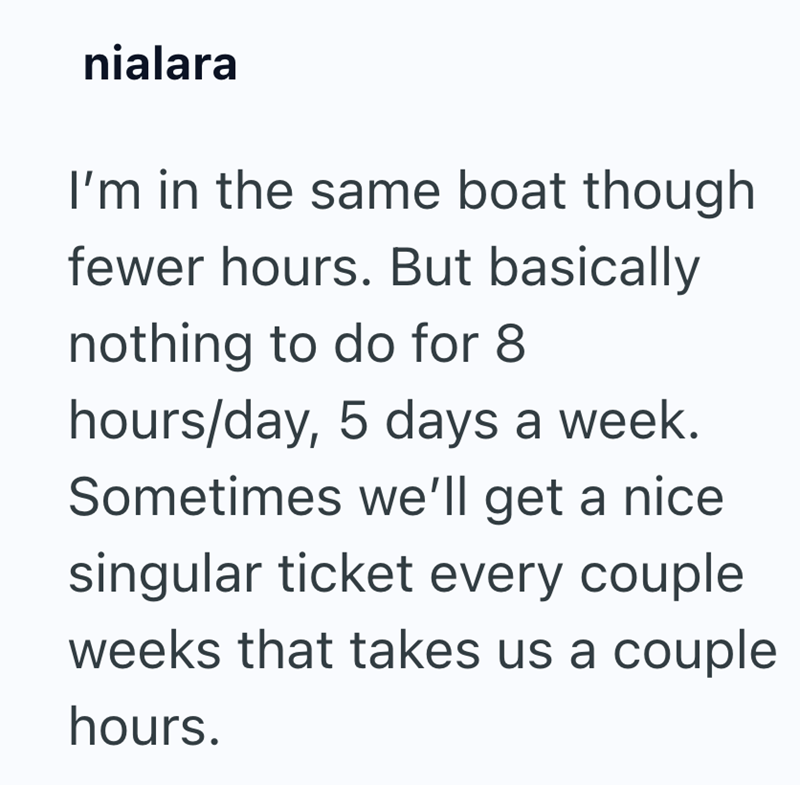 nialara I'm in the same boat though fewer hours. But basically nothing to do for 8 hours/day, 5 days a week. Sometimes we'll get a nice. singular ticket every couple weeks that takes us a couple hours.