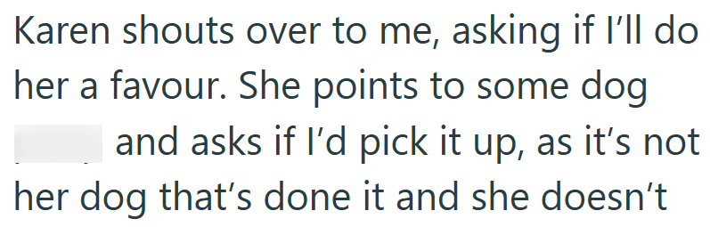 Karen shouts over to me, asking if I'll do her a favour. She points to some dog and asks if I'd pick it up, as it's not her dog that's done it and she doesn't