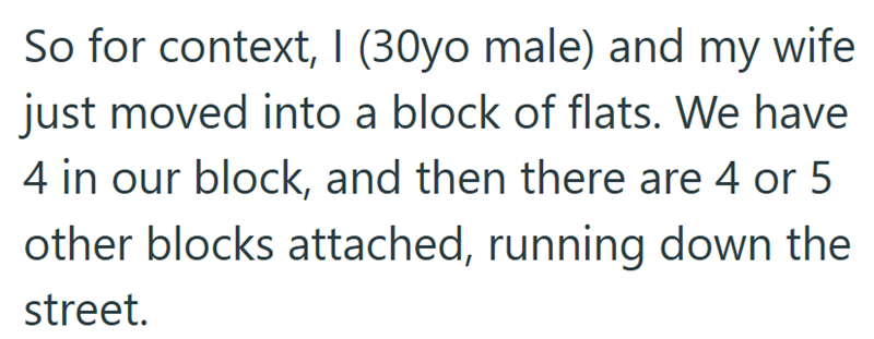 So for context, I (30yo male) and my wife just moved into a block of flats. We have 4 in our block, and then there are 4 or 5 other blocks attached, running down the street.