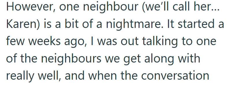 However, one neighbour (we'll call her... Karen) is a bit of a nightmare. It started a few weeks ago, I was out talking to one of the neighbours we get along with really well, and when the conversation