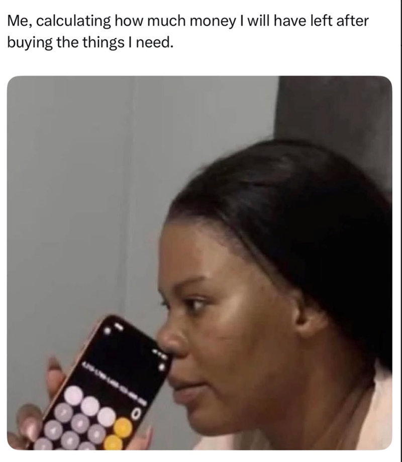 Me, calculating how much money I will have left after buying the things I need. 0