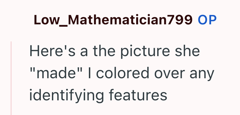 Low_Mathematician799 OP Here's a the picture she "made" I colored over any identifying features