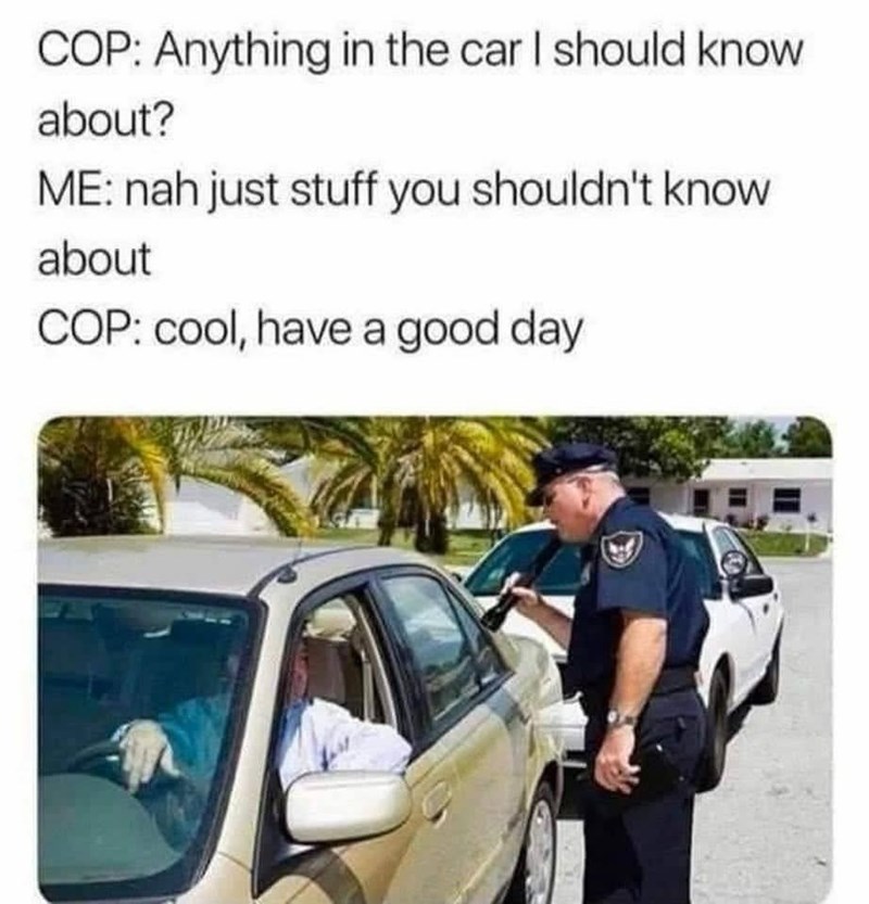 COP: Anything in the car I should know about? ME: nah just stuff you shouldn't know about COP: cool, have a good day