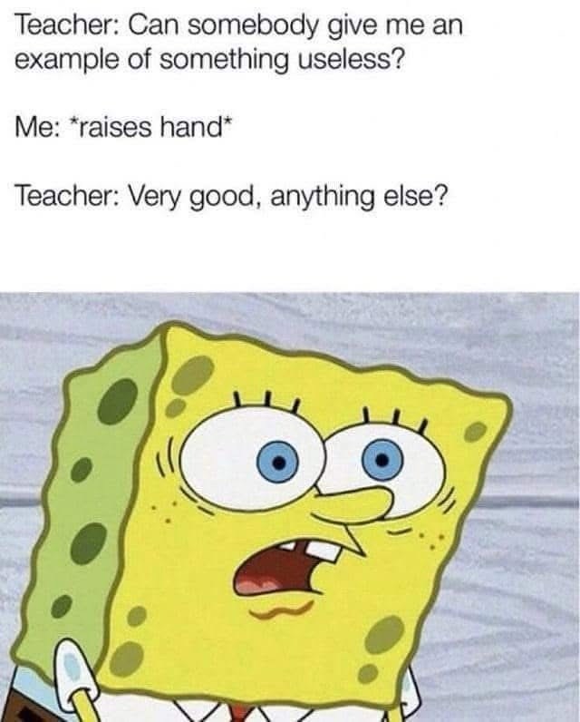 Teacher: Can somebody give me an example of something useless? Me: *raises hand* Teacher: Very good, anything else?