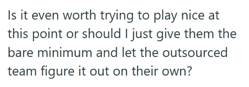 Is it even worth trying to play nice at this point or should I just give them the bare minimum and let the outsourced team figure it out on their own?
