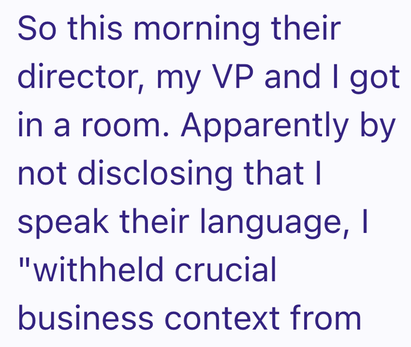 So this morning their director, my VP and I got in a room. Apparently by not disclosing that I speak their language, I "withheld crucial business context from