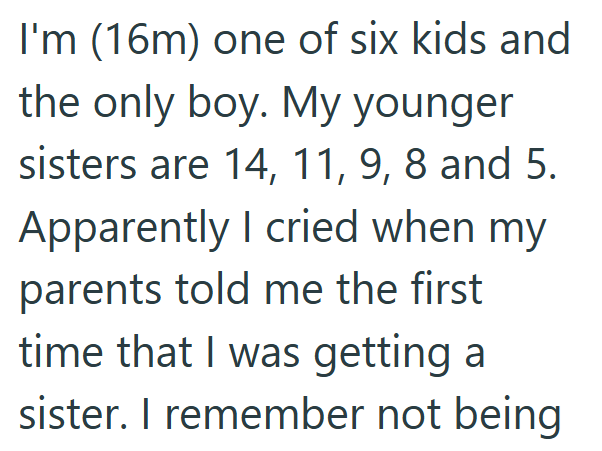 I'm (16m) one of six kids and the only boy. My younger sisters are 14, 11, 9, 8 and 5. Apparently I cried when my parents told me the first time that I was getting a sister. I remember not being