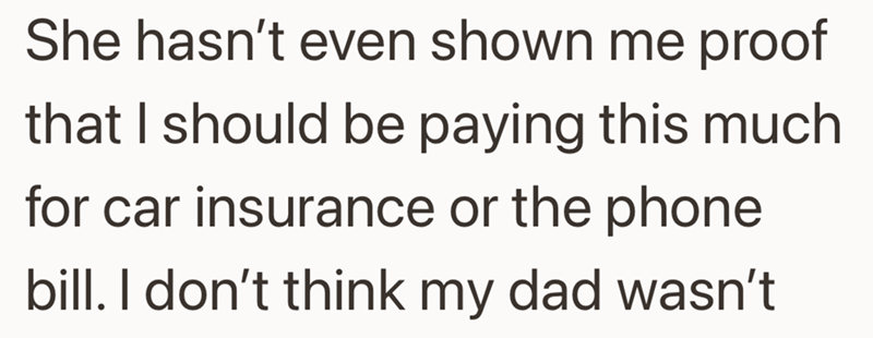 She hasn't even shown me proof that I should be paying this much for car insurance or the phone bill. I don't think my dad wasn't