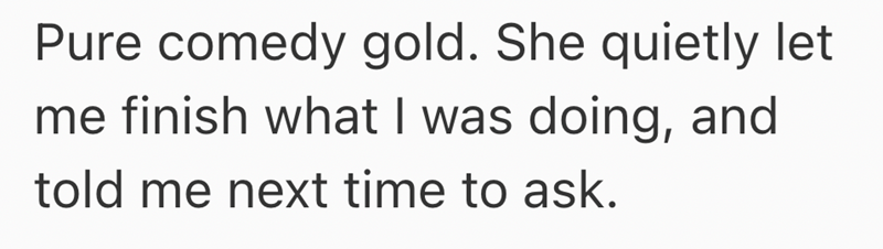 Pure comedy gold. She quietly let me finish what I was doing, and told me next time to ask.