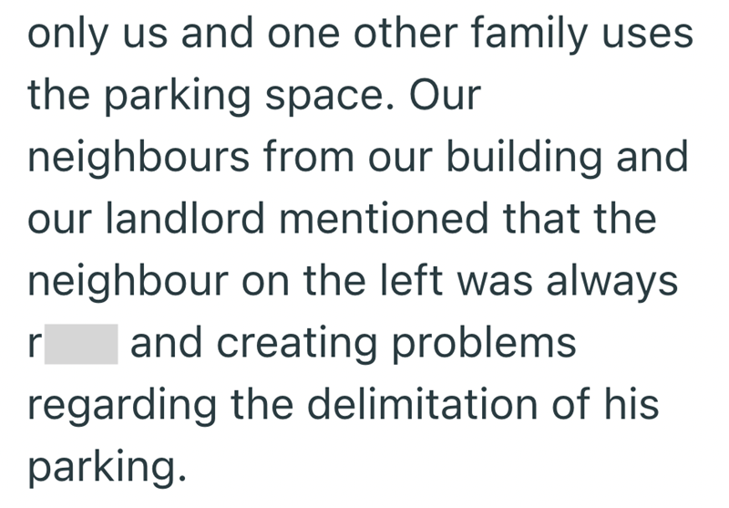 only us and one other family uses the parking space. Our neighbours from our building and our landlord mentioned that the neighbour on the left was always r and creating problems regarding the delimitation of his parking.