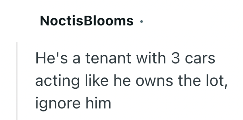 NoctisBlooms He's a tenant with 3 cars acting like he owns the lot, ignore him