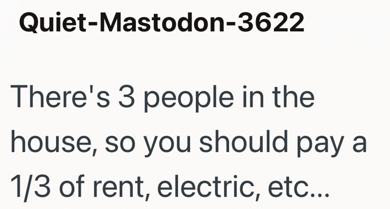 Quiet-Mastodon-3622 There's 3 people in the house, so you should pay a 1/3 of rent, electric, etc...