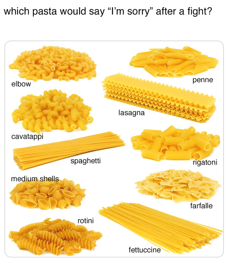 which pasta would say "I'm sorry" after a fight? elbow cavatappi medium shells spaghetti rotini lasagna fettuccine penne rigatoni farfalle