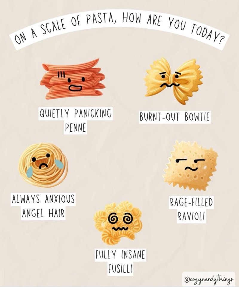 ON A SCALE OF PASTA, HOW ARE YOU TODAY? QUIETLY PANICKING BURNT-OUT BOWTIE PENNE ALWAYS ANXIOUS ANGEL HAIR FULLY INSANE FUSILLI RAGE-FILLED RAVIOLI @cozynerdythings