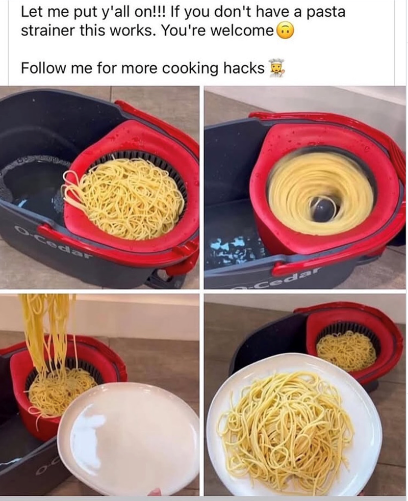 Let me put y'all on!!! If you don't have a pasta strainer this works. You're welcome Follow me for more cooking hacks O-Cedar OC Cedar