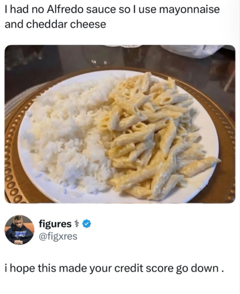 00000 I had no Alfredo sauce so I use mayonnaise and cheddar cheese figures ❤ @figxres i hope this made your credit score go down.