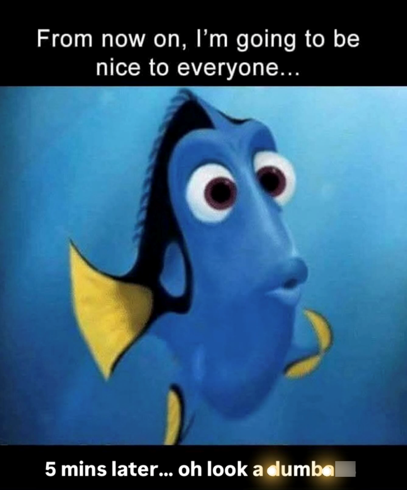 From now on, I'm going to be nice to everyone... 5 mins later... oh look a dumbal