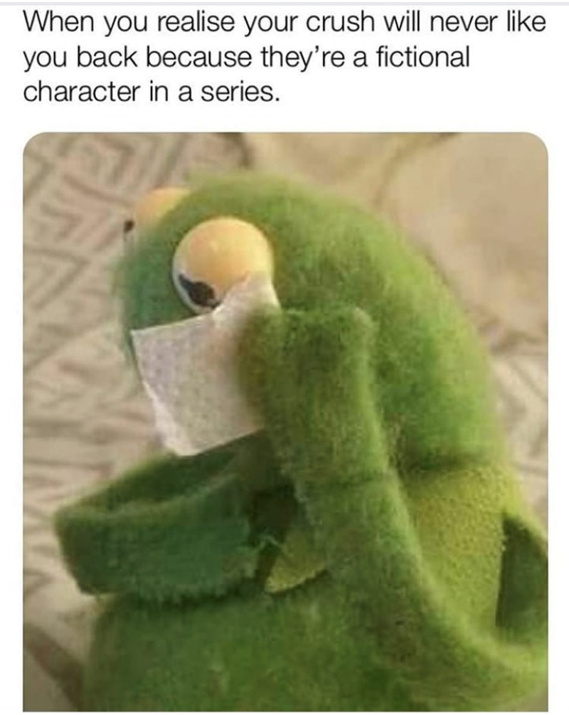 When you realise your crush will never like you back because they're a fictional character in a series.