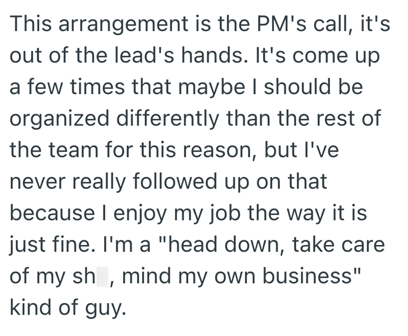 This arrangement is the PM's call, it's out of the lead's hands. It's come up a few times that maybe I should be organized differently than the rest of the team for this reason, but I've never really followed up on that because I enjoy my job the way it is just fine. I'm a "head down, take care of my sh, mind my own business" kind of guy.