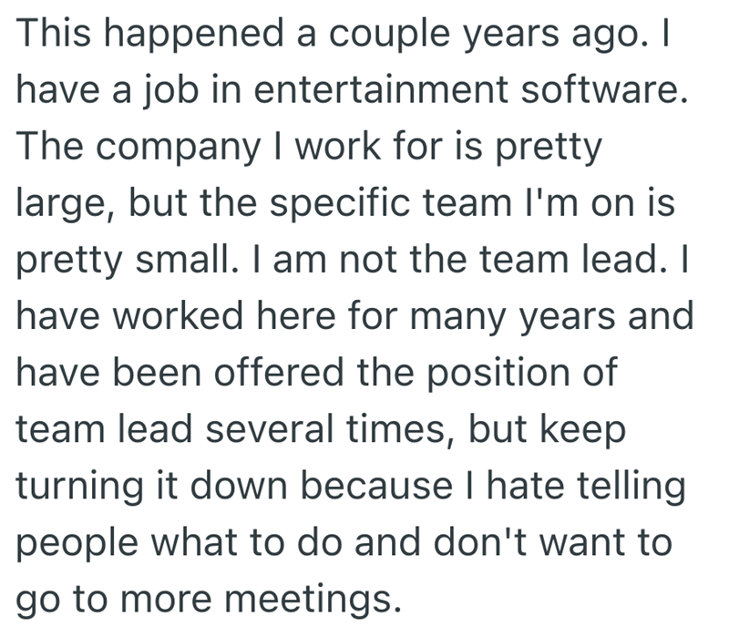 This happened a couple years ago. I have a job in entertainment software. The company I work for is pretty large, but the specific team I'm on is pretty small. I am not the team lead. I have worked here for many years and have been offered the position of team lead several times, but keep turning it down because I hate telling people what to do and don't want to go to more meetings.