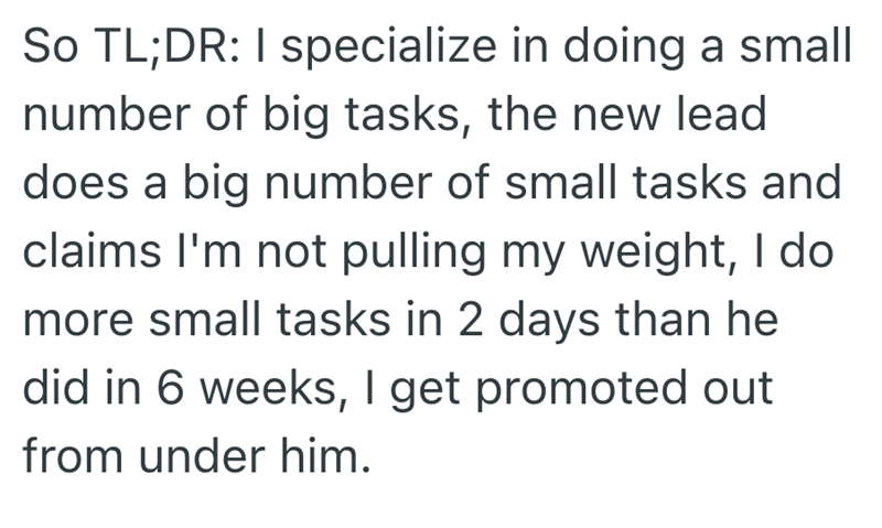 So TL;DR: I specialize in doing a small number of big tasks, the new lead does a big number of small tasks and claims I'm not pulling my weight, I do more small tasks in 2 days than he did in 6 weeks, I get promoted out from under him.