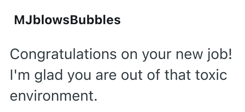 MJblowsBubbles Congratulations on your new job! I'm glad you are out of that toxic environment.