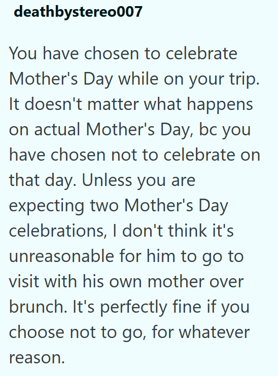 deathbystereo007 You have chosen to celebrate Mother's Day while on your trip. It doesn't matter what happens on actual Mother's Day, bc you have chosen not to celebrate on that day. Unless you are expecting two Mother's Day celebrations, I don't think it's unreasonable for him to go to visit with his own mother over brunch. It's perfectly fine if you choose not to go, for whatever reason.