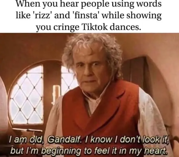 When you hear people using words like 'rizz' and 'finsta' while showing you cringe Tiktok dances. I am old, Gandalf. I know I don't look it, but I'm beginning to feel it in my heart.