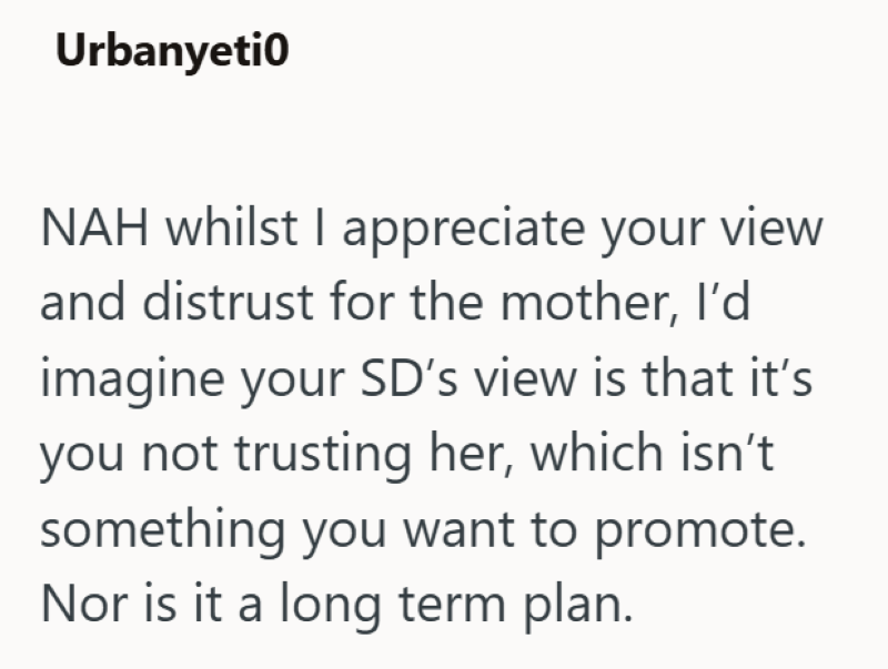 Urbanyeti0 NAH whilst I appreciate your view and distrust for the mother, I'd imagine your SD's view is that it's you not trusting her, which isn't something you want to promote. Nor is it a long term plan.