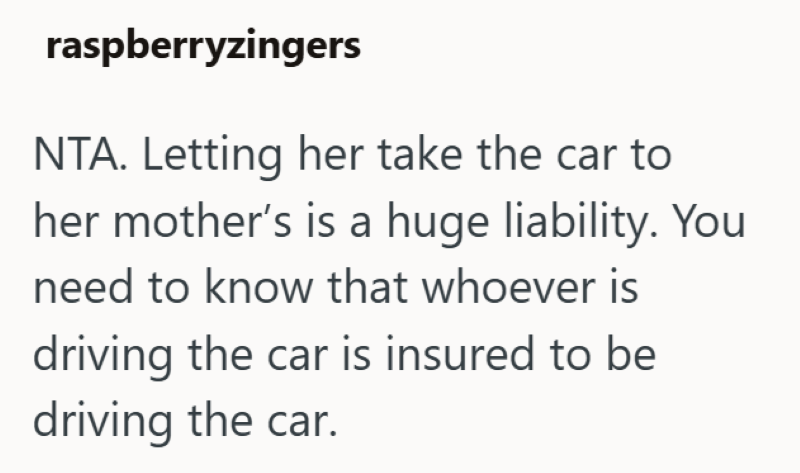 raspberryzingers NTA. Letting her take the car to her mother's is a huge liability. You need to know that whoever is driving the car is insured to be driving the car.