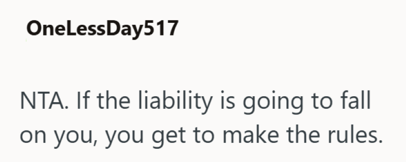 OneLessDay517 NTA. If the liability is going to fall on you, you get to make the rules.