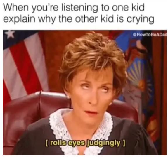 When you're listening to one kid explain why the other kid is crying [rolls eyes judgingly ] HowToBeADad