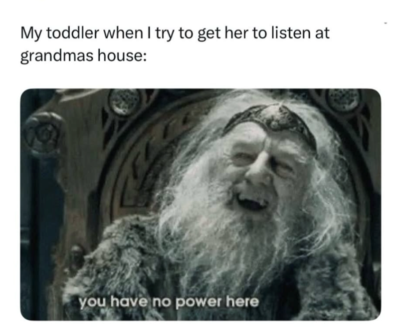 My toddler when I try to get her to listen at grandmas house: you have no power here