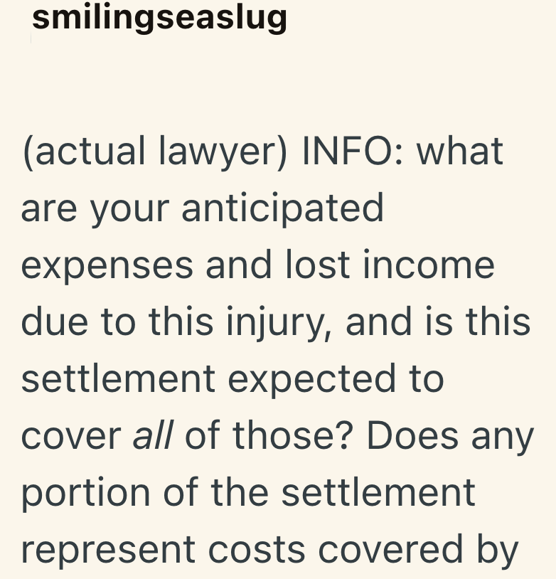 smilingseaslug (actual lawyer) INFO: what are your anticipated expenses and lost income due to this injury, and is this settlement expected to cover all of those? Does any portion of the settlement represent costs covered by