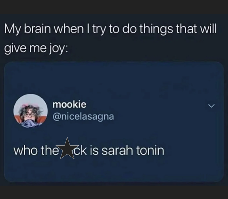 My brain when I try to do things that will give me joy: mookie @nicelasagna who the ck is sarah tonin