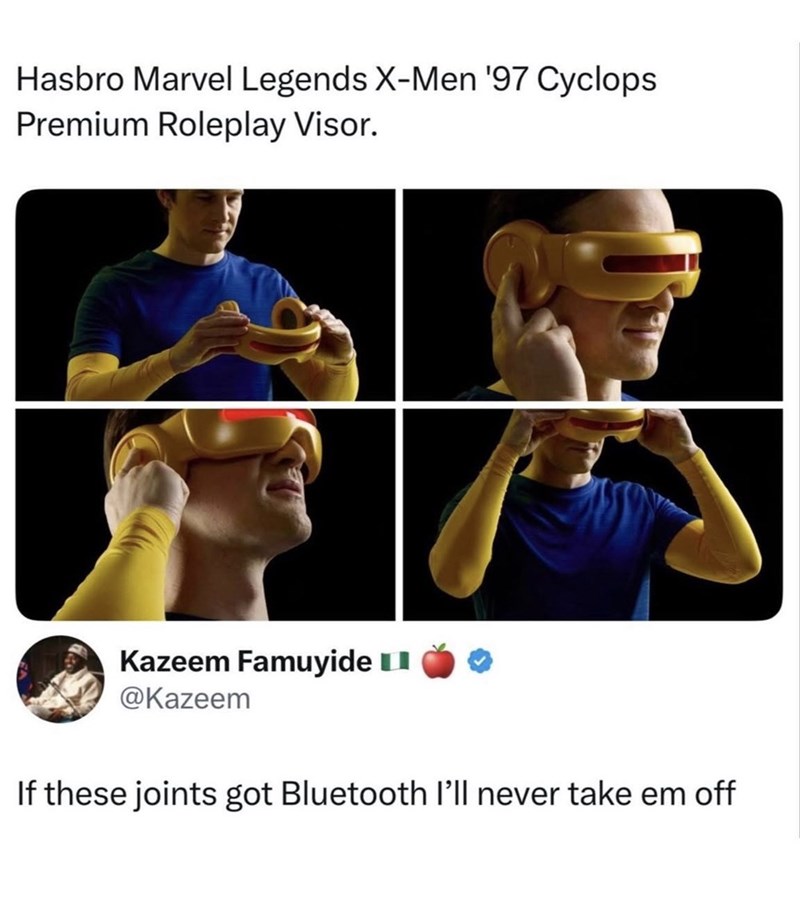 Hasbro Marvel Legends X-Men '97 Cyclops Premium Roleplay Visor. Kazeem Famuyide @Kazeem If these joints got Bluetooth I'll never take em off