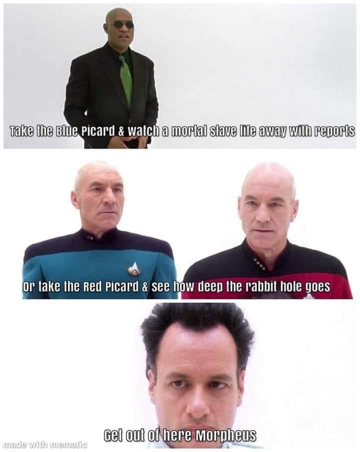 Take the Blue Picard & watch a mortal slave life away with reports or take the Red Picard & see how deep the rabbit hole goes Get out of here Morpheus made with mematic